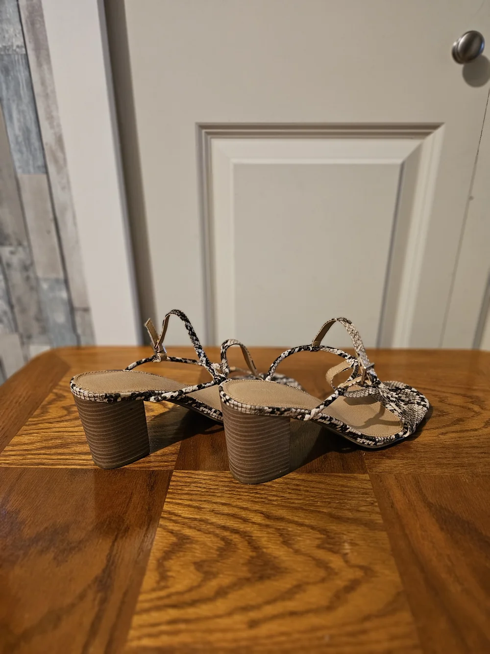 Report Snake-Print Strappy Block Heel Sandals - Black & White Sz8